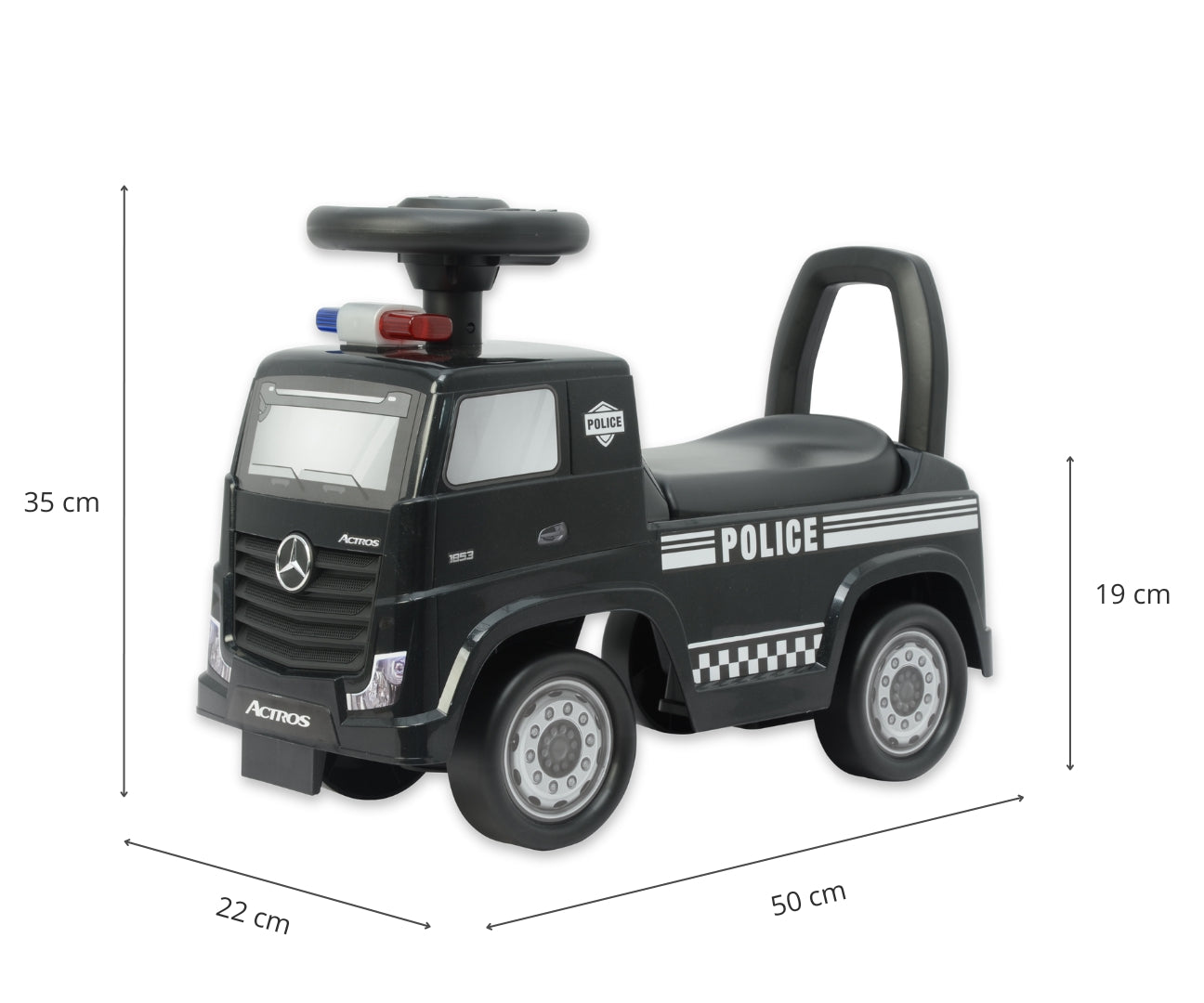 Mercedes-Benz Actros Police -potkuauto, musta, 12–36 kk - Ride-ons - Lasten ajoneuvot