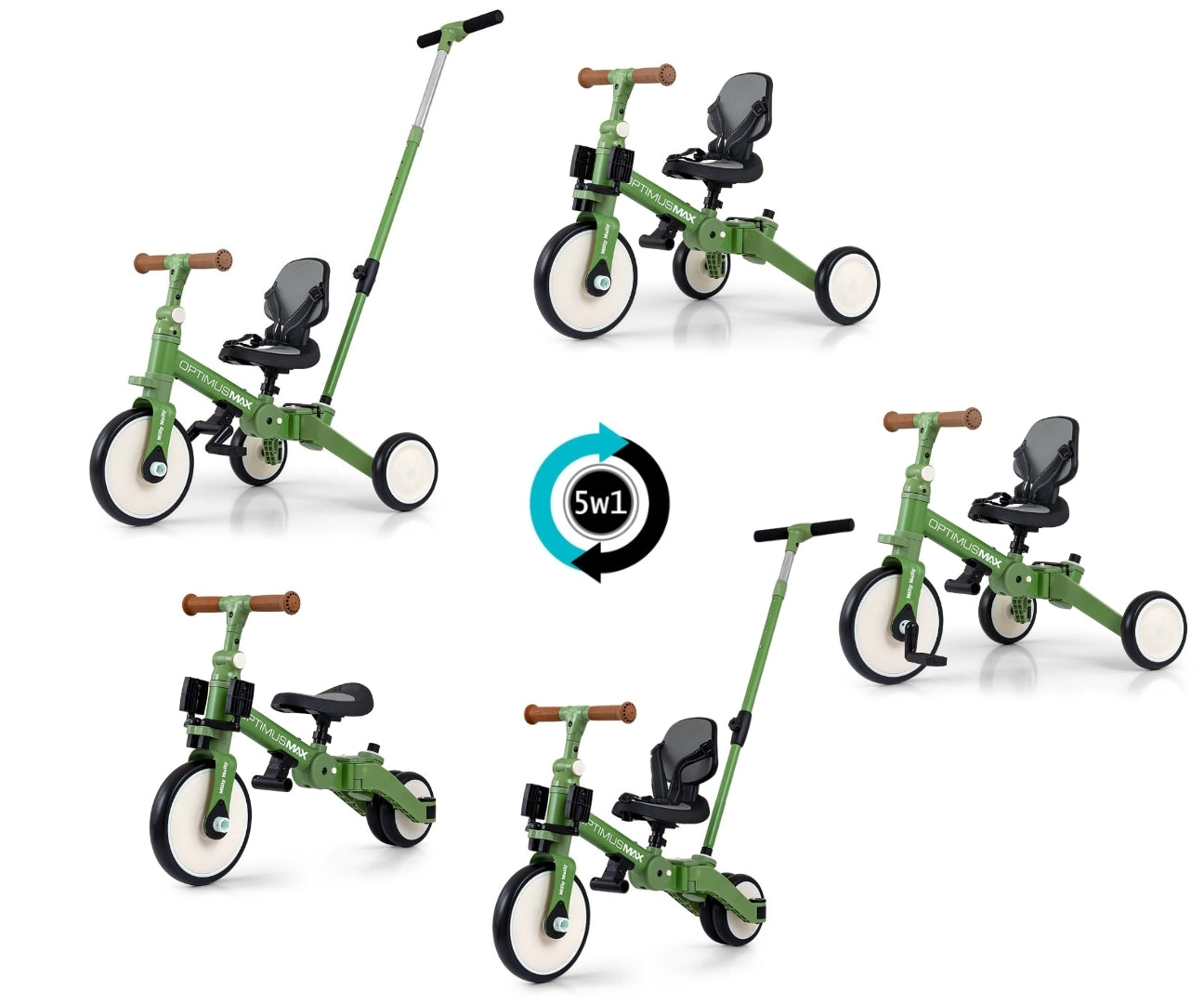 Optimus Max 5in1 vihreä kolmipyörä lapselle 12 kuukautta+ - Kolmipyörät - Lasten ajoneuvot