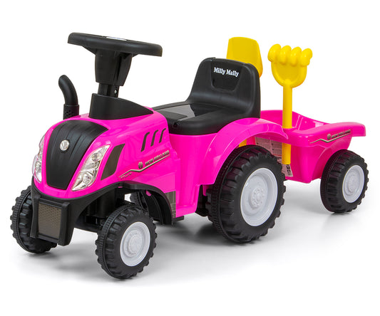 New Holland T7 -traktoripotkuauto peräkärryllä, vaaleanpunainen, 12–36 kk - Ride-ons - Lasten ajoneuvot