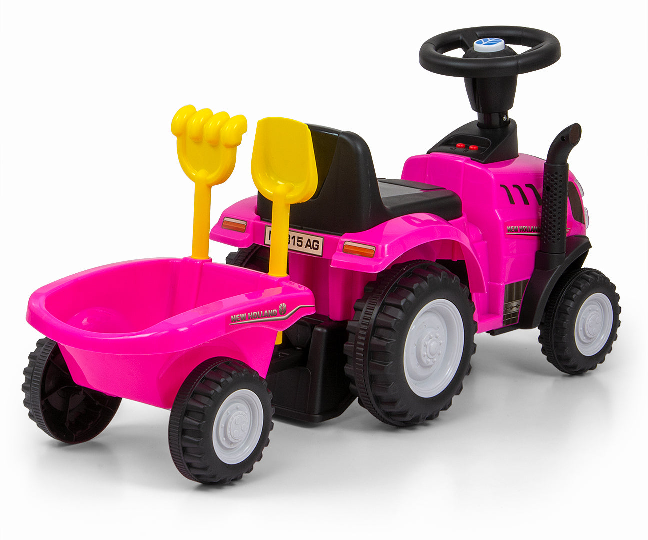 New Holland T7 -traktoripotkuauto peräkärryllä, vaaleanpunainen, 12–36 kk - Ride-ons - Lasten ajoneuvot