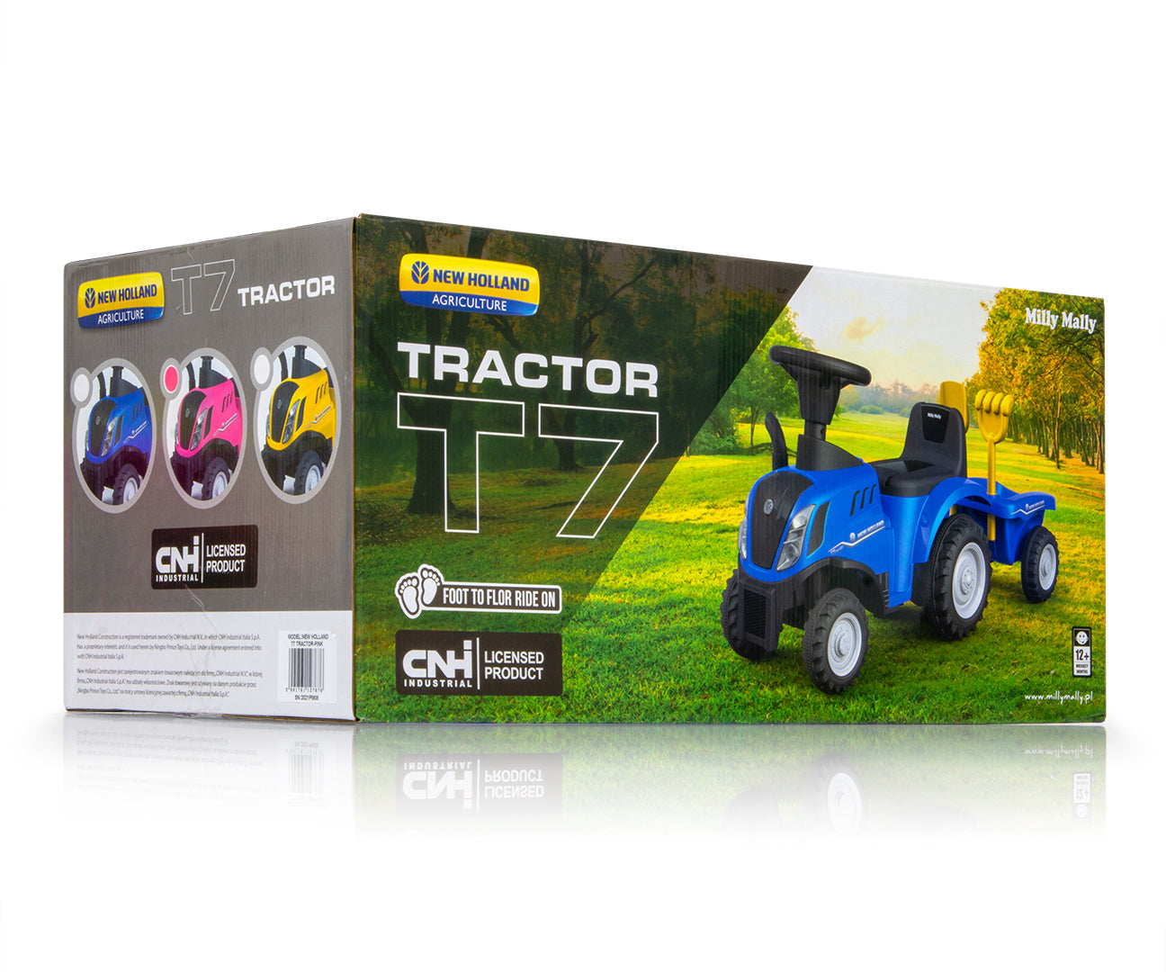 New Holland T7 -traktoripotkuauto peräkärryllä, vaaleanpunainen, 12–36 kk - Ride-ons - Lasten ajoneuvot