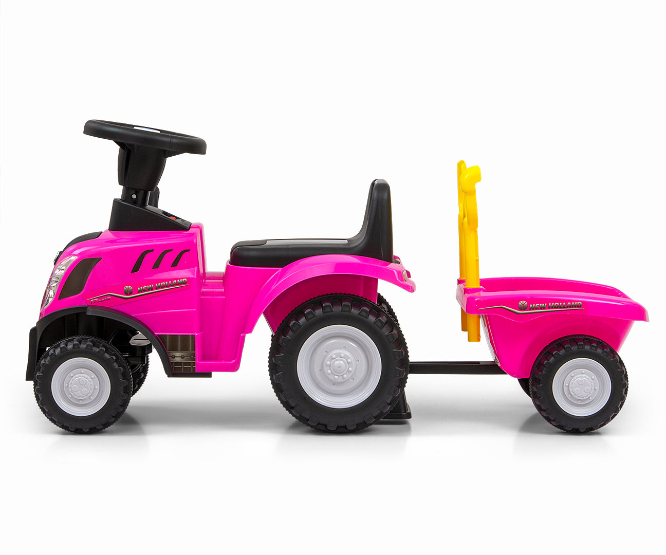 New Holland T7 -traktoripotkuauto peräkärryllä, vaaleanpunainen, 12–36 kk - Ride-ons - Lasten ajoneuvot