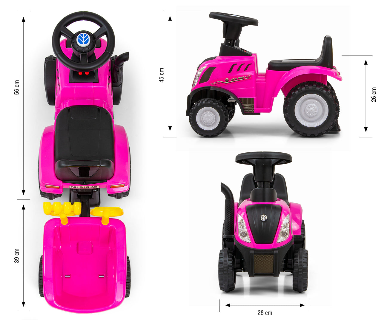 New Holland T7 -traktoripotkuauto peräkärryllä, vaaleanpunainen, 12–36 kk - Ride-ons - Lasten ajoneuvot