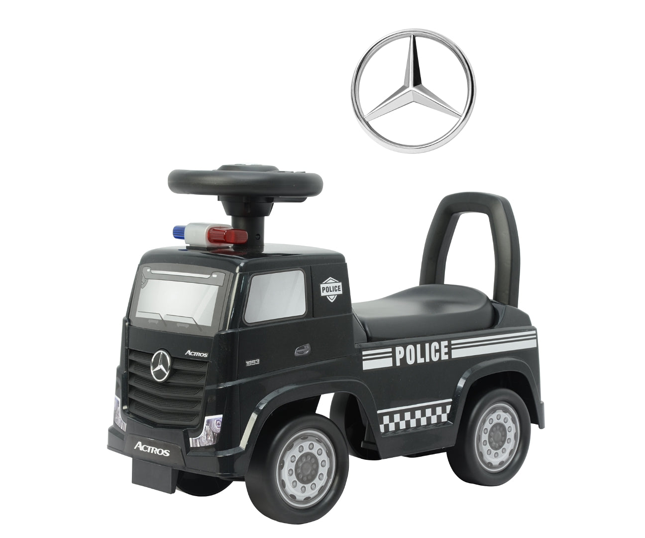 Mercedes-Benz Actros Police -potkuauto, musta, 12–36 kk - Ride-ons - Lasten ajoneuvot