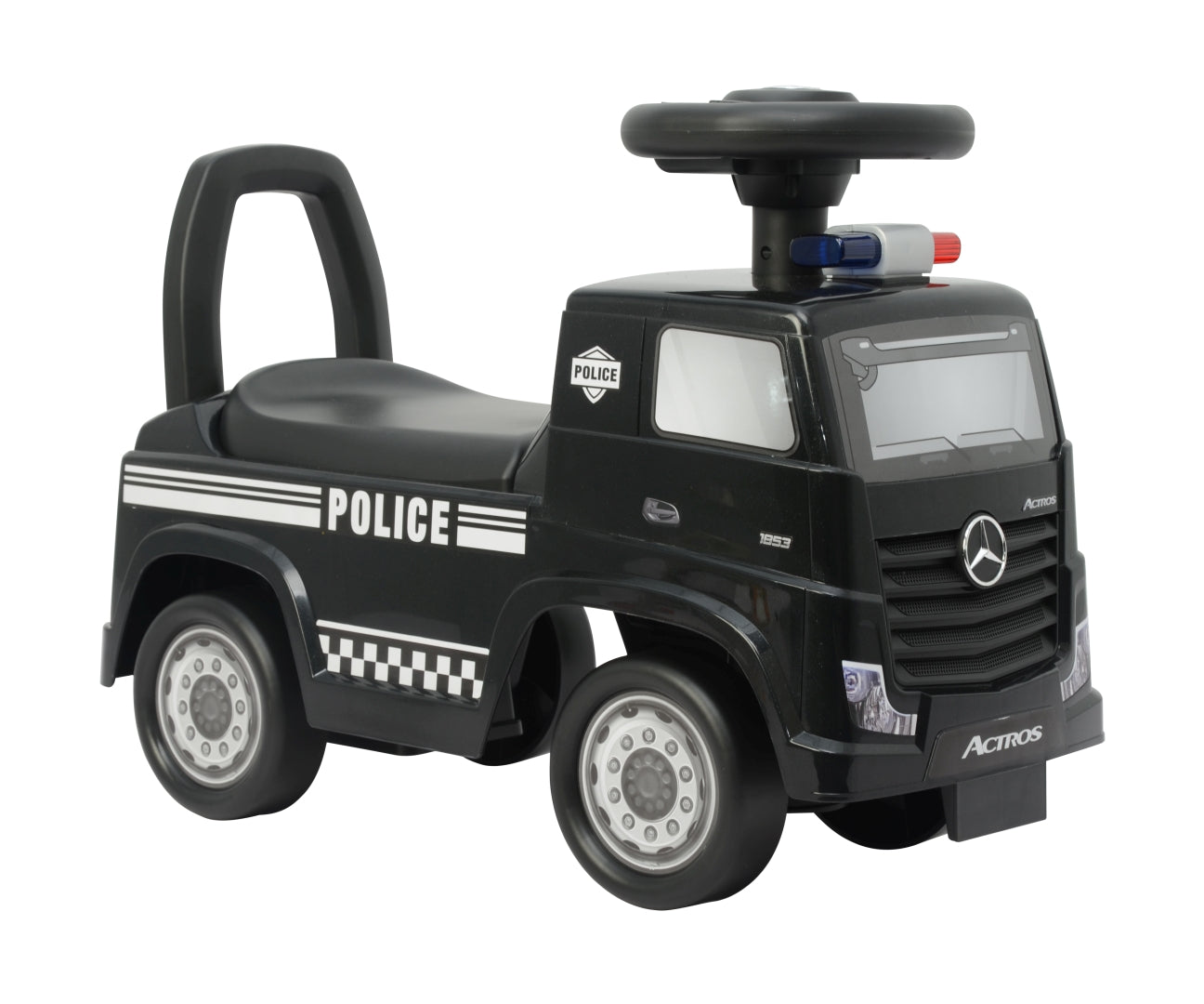 Mercedes-Benz Actros Police -potkuauto, musta, 12–36 kk - Ride-ons - Lasten ajoneuvot