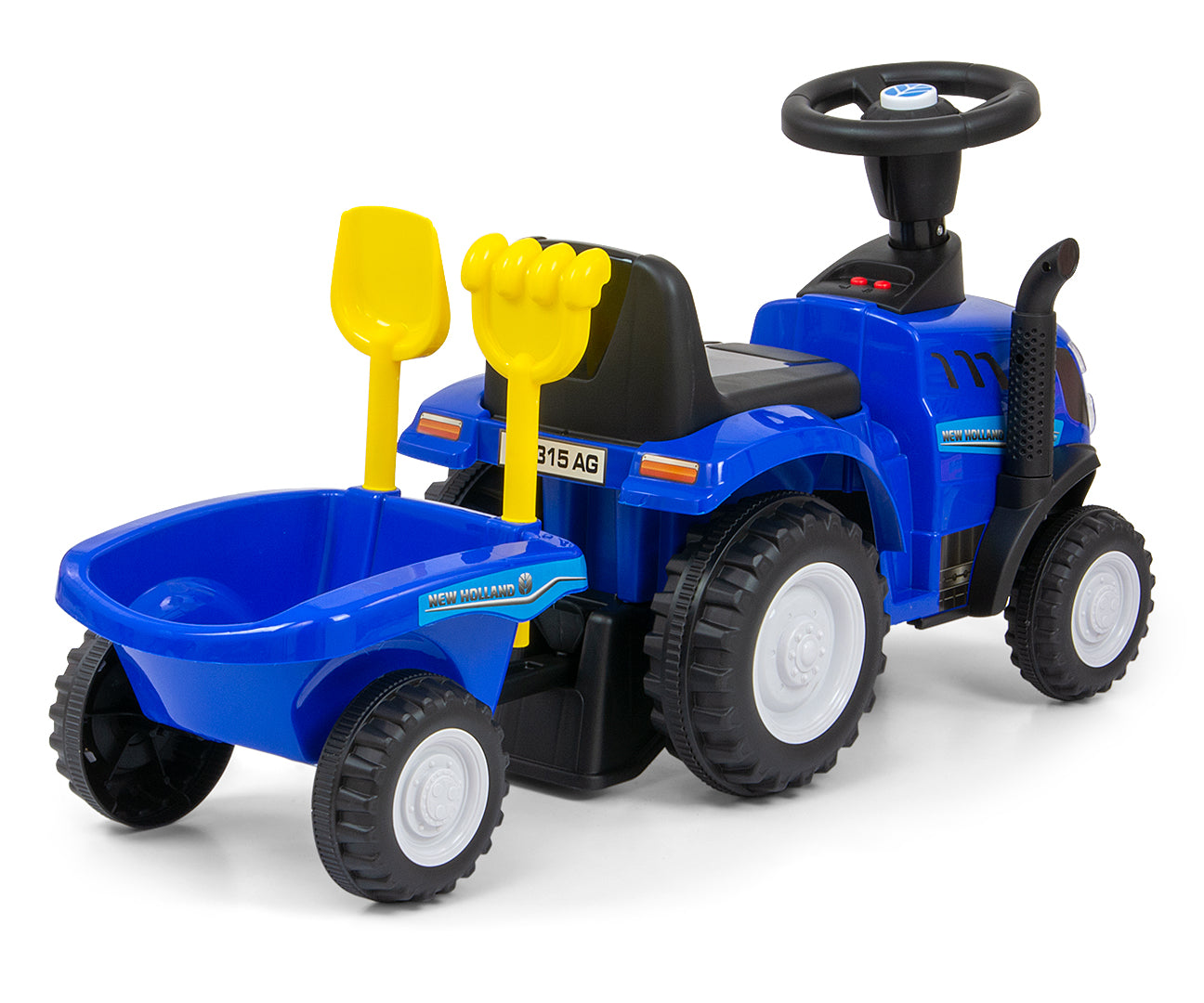 New Holland T7 -traktoripotkuauto peräkärryllä, sininen, 12–36 kk - Ride-ons - Lasten ajoneuvot