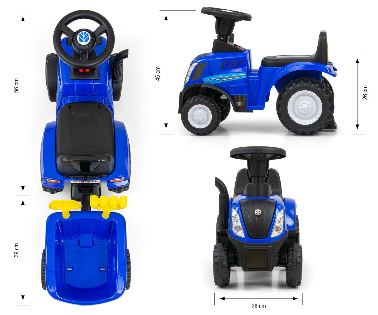 New Holland T7 -traktoripotkuauto peräkärryllä, sininen, 12–36 kk - Ride-ons - Lasten ajoneuvot