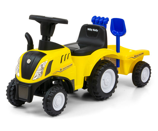 New Holland T7 -traktoripotkuauto peräkärryllä, keltainen, 12–36 kk - Ride-ons - Lasten ajoneuvot