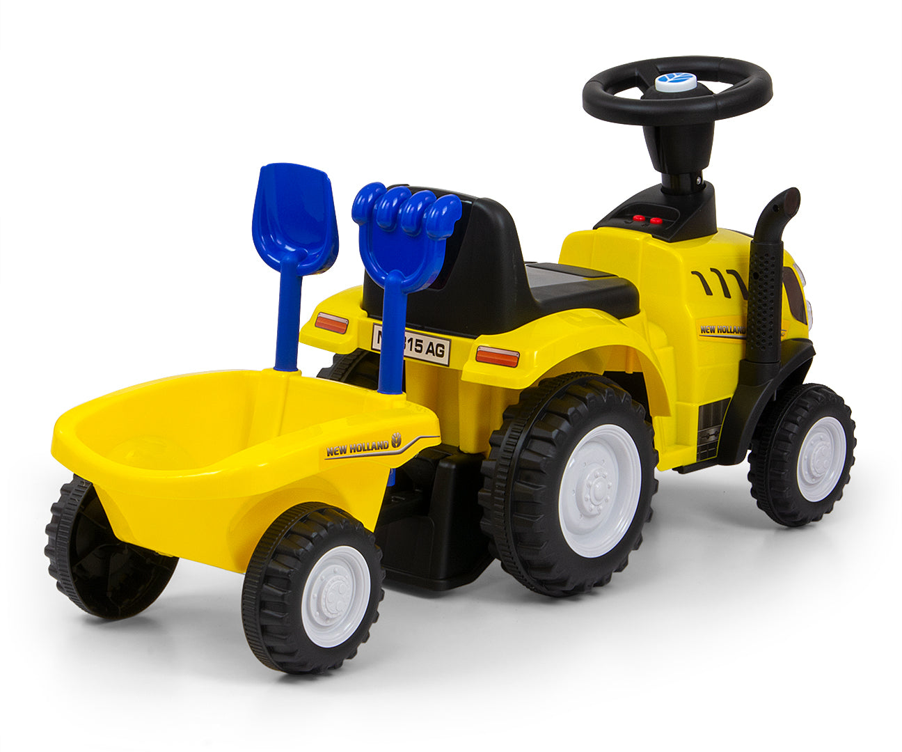 New Holland T7 -traktoripotkuauto peräkärryllä, keltainen, 12–36 kk - Ride-ons - Lasten ajoneuvot
