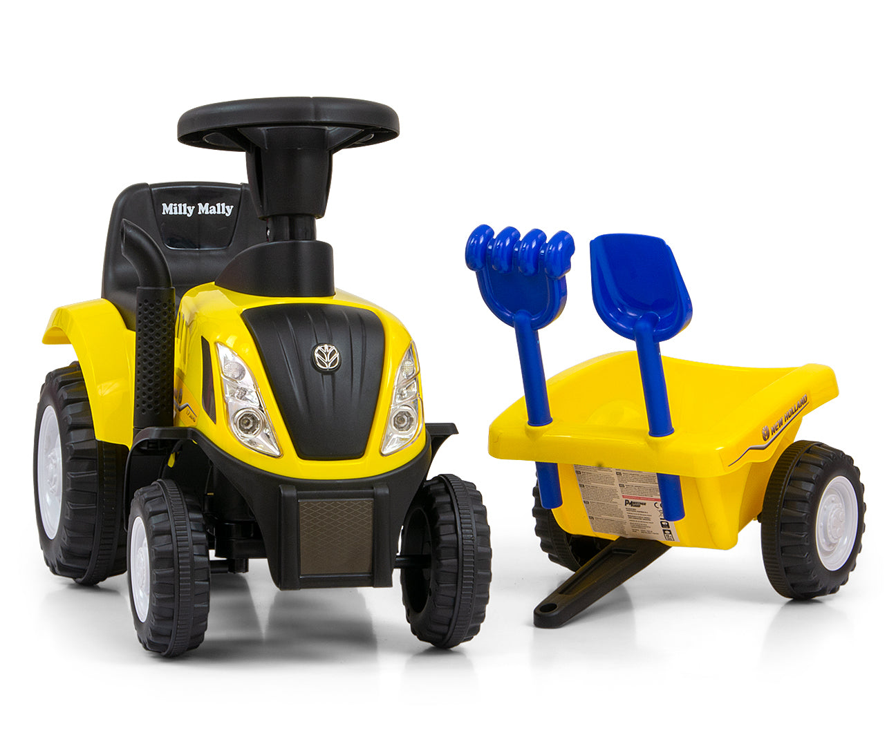 New Holland T7 -traktoripotkuauto peräkärryllä, keltainen, 12–36 kk - Ride-ons - Lasten ajoneuvot