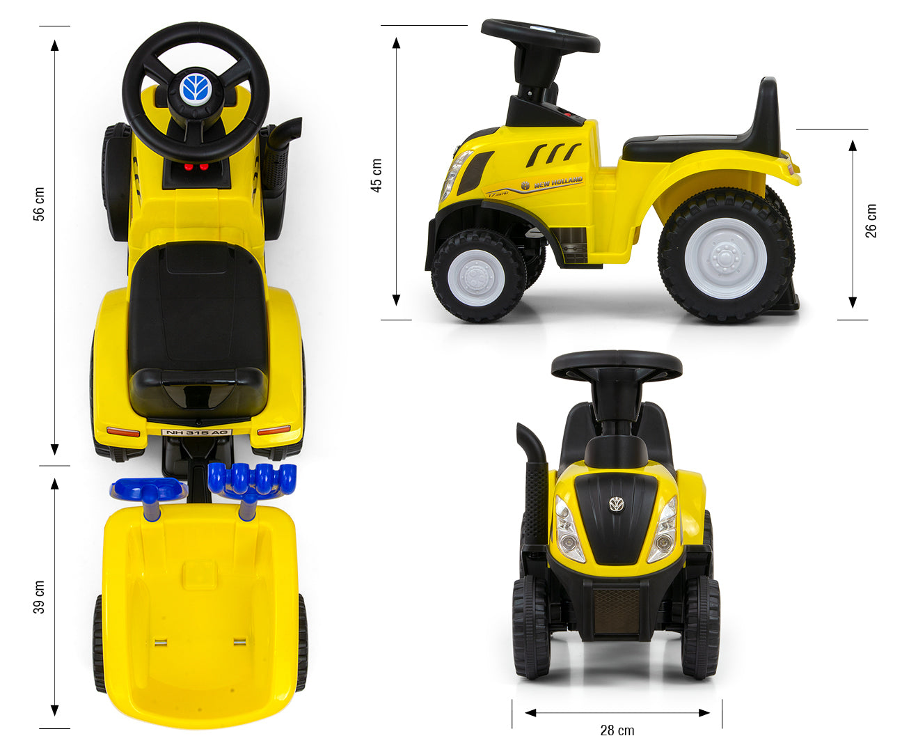New Holland T7 -traktoripotkuauto peräkärryllä, keltainen, 12–36 kk - Ride-ons - Lasten ajoneuvot