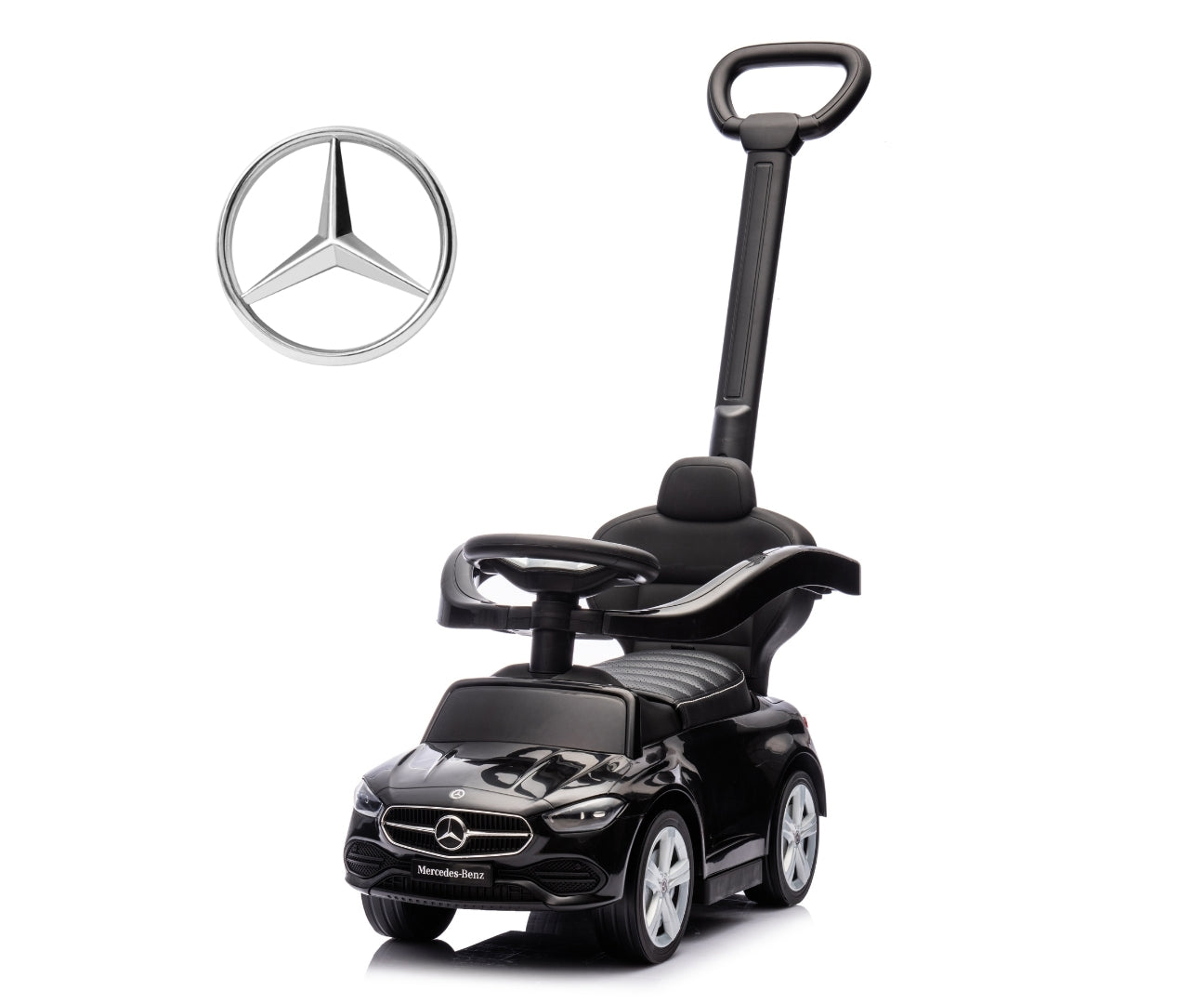 Mercedes C-Class Deluxe -potkuauto työntöaisalla, musta, 12–36 kk - Ride-ons - Lasten ajoneuvot
