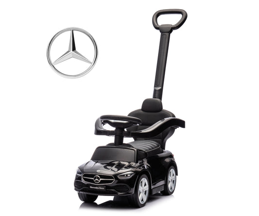 Mercedes C-Class Deluxe -potkuauto työntöaisalla, musta, 12–36 kk - Ride-ons - Lasten ajoneuvot