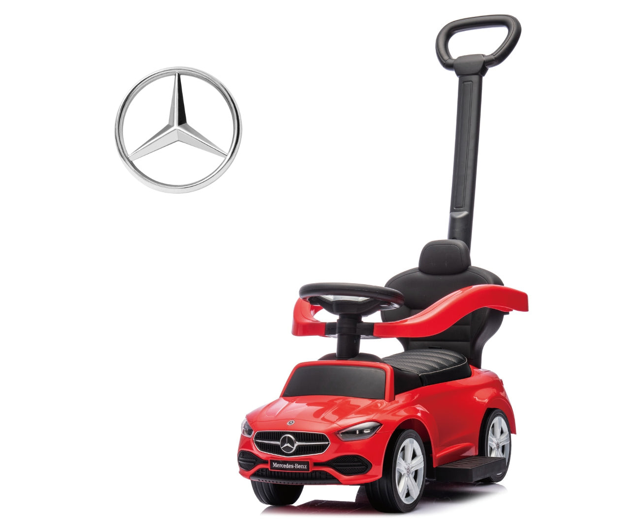 Mercedes C-Class Deluxe -potkuauto työntöaisalla, punainen, 12–36 kk - Ride-ons - Lasten ajoneuvot