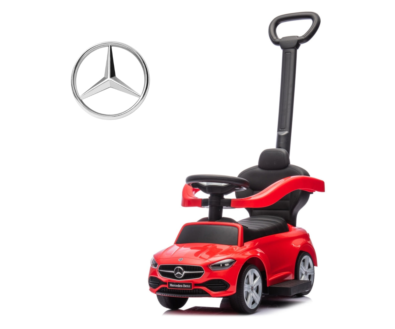 Mercedes C-Class -potkuauto työntöaisalla, punainen, 12–36 kk - Ride-ons - Lasten ajoneuvot