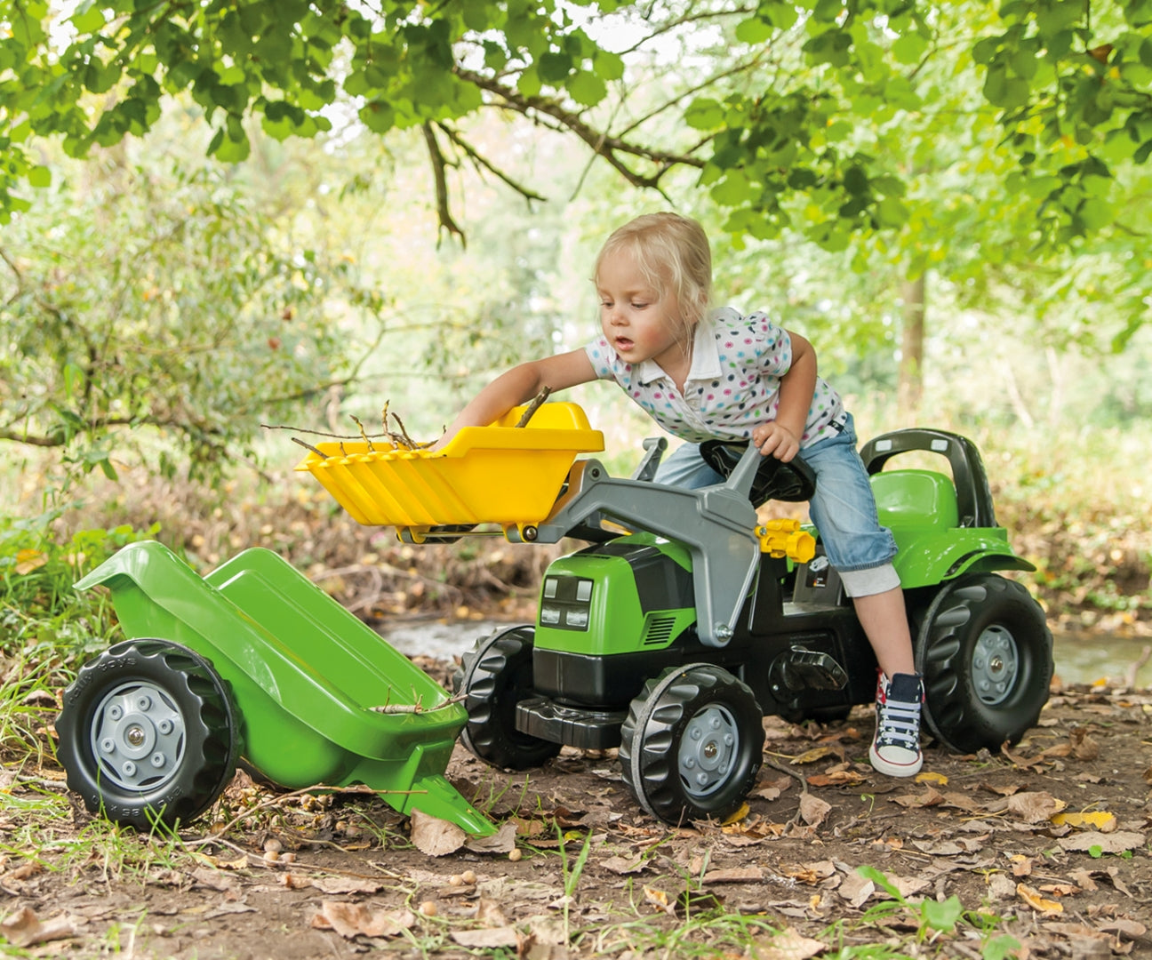 Rolly Kid Deutz-Fahr 5115G TB -polkutraktori etukuormaajalla ja peräkärryllä, 2,5–5 vuotta - Ride-ons - Lasten ajoneuvot