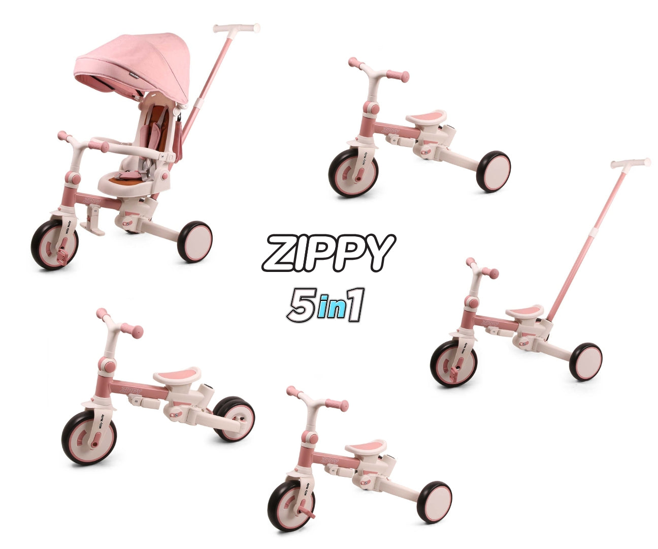 Zippy 5-in-1 kolmipyörä pinkki 12 kk–5 v - Kolmipyörät - Lasten ajoneuvot