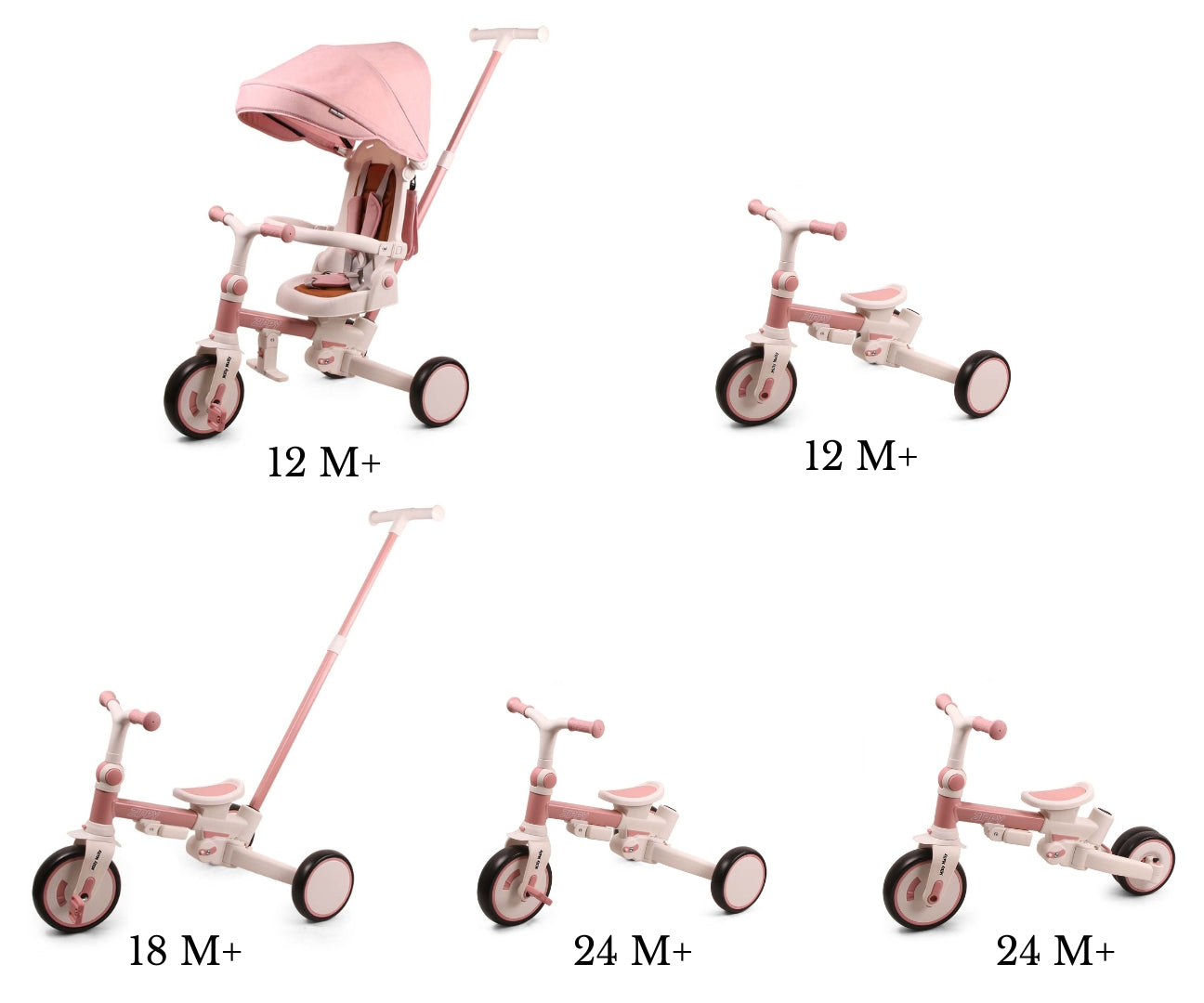 Zippy 5-in-1 kolmipyörä pinkki 12 kk–5 v - Kolmipyörät - Lasten ajoneuvot